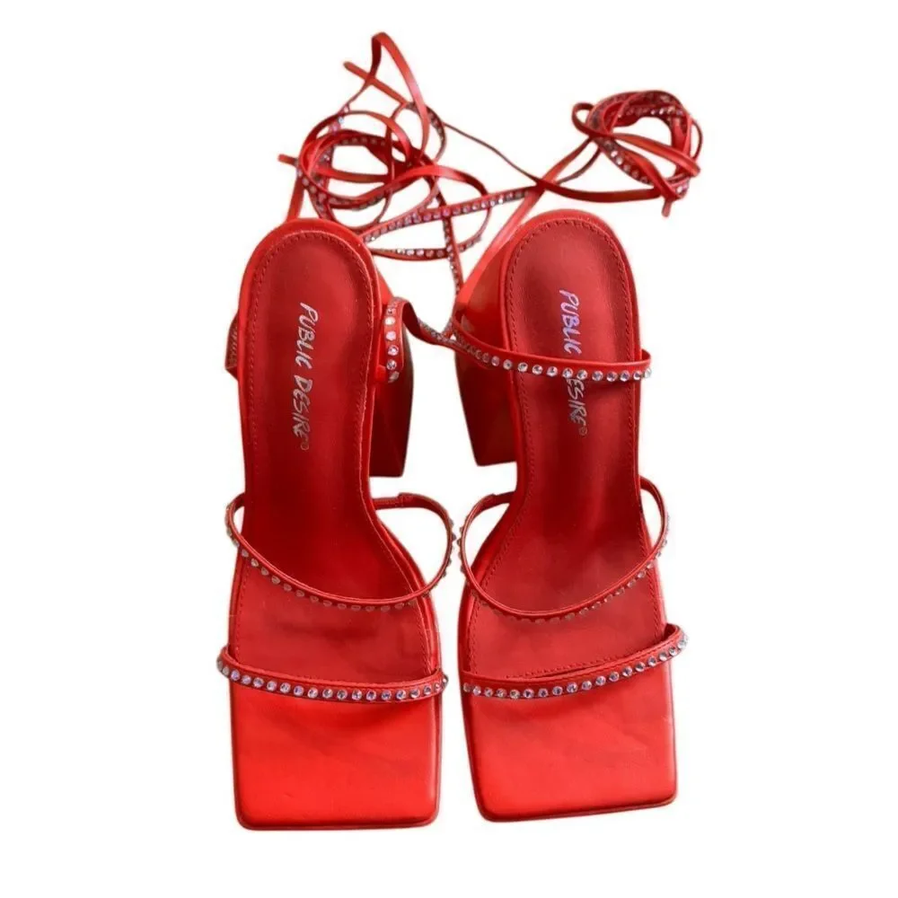 Dolls Kill Public Desire Women's Red Lace Up Rhinestone Platform Heels Size 7